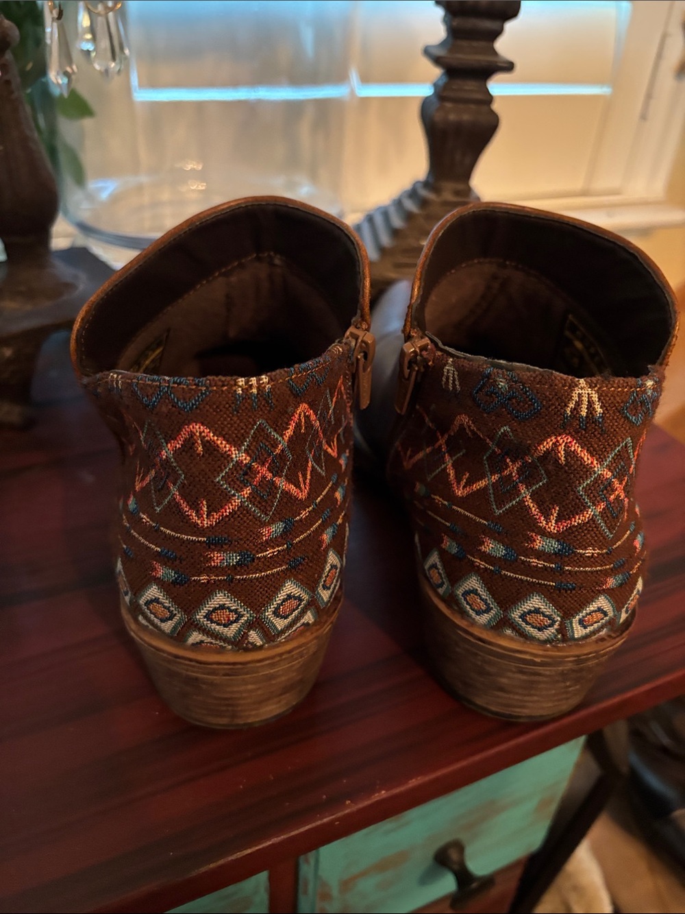 Roper Tan Leather Ankle Booties with Patterned Heel - Picture 5 of 9